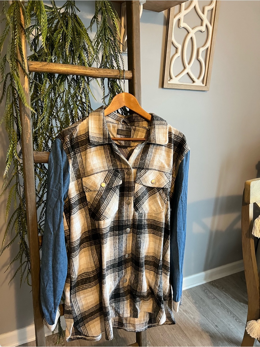 Umgee Plaid Button-Front Shirt Jacket with Blue Sleeves